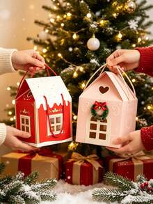 1pc Christmas House Shaped Gift Box With Handle, Cartoon Christmas Tree & Snowman Pattern Gift Packaging Box, Includes Gift Tag, Christmas Window Display Design Paper Dessert Box, Suitable For Winter Holiday Christmas Party Favors - Multicolor - View 3