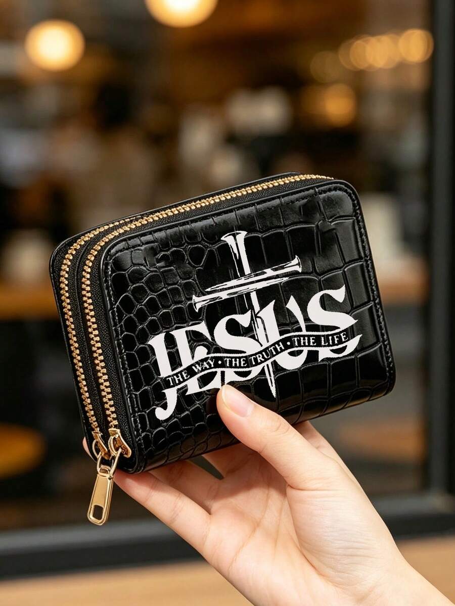 Fashionable Crocodile & Stone Texture Card Holder, Jesus Cross & Letter Pattern, Multi-Slot Minimalist Wallet, Daily Commute Fashion Card Holder, Lightweight & Portable Card Holder, Coin Purse, Suitable For Everyone Popular Minimalist Wallet, Dual Zipper Coin Pouch, And ID Window, Women's Travel, Gift Bag, Back To School Gift Bag, Gift For Teachers, Gift For Mother & Father, Back To School Gift. - Multicolor - View 1