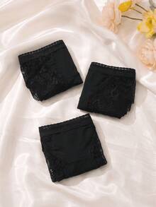 3pcs Black Lace Patchwork Low Waist Sexy Women's Triangle Panties - Black - View 4