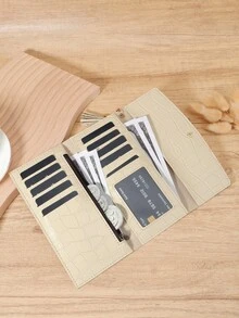 Women's Stone Pattern Three Fold Snap Button Long Wallet With Card Slot And Zipper Pocket, Perfect For Outdoor, Travel, And Back To School Activities - Beige - View 6