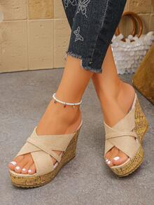 Spring/Summer New Women's High Heel Wedge Platform Sandals, Beach Style Casual Outdoor Slides, Bark Texture Wrapped Sole - Beige - View 4