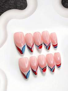 10片裝極簡風手工穿戴甲 Polygel 美甲套組，手繪圖案，紅、粉、藍色指甲油，獨特風格，附美甲工具，3種尺寸可選，杏仁甲、鴨嘴甲、棺材甲，適合派對、舞蹈、日常佩戴 - 彩色 - 查看 14