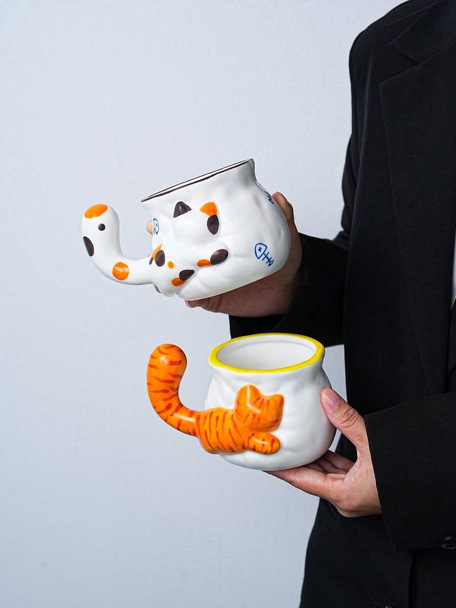 1pc 3D Cat Tail Handle Ceramic Mug, Cute Embossed Kitten Water Cup, Home Coffee Cup, Gift - Multicolor - View 1