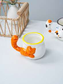 1pc 3D Cat Tail Handle Ceramic Mug, Cute Embossed Kitten Water Cup, Home Coffee Cup, Gift - Multicolor - View 7