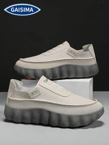 GAISIMA Men's Perforated Letter Fabric Label Thick Sole Sneakers, Minimalist Casual Loafers, Suitable For Spring/Summer Daily Street Wear - Grey - View 3