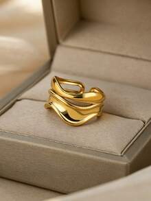 Irregular Geometric Layered Rings For Women Stainless Steel Wave Ring Waterproof Non-Fade Fashion Jewelry Gifts For Christmas,New Year,Daily Wearing - Multicolor - View 5