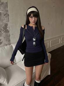 Kaos Rajut Lengan Panjang 2-in-1 Wanita, Atasan Lapisan Dasar Slim Fit yang Menawan, Musim Gugur - Navy Blue - View 3
