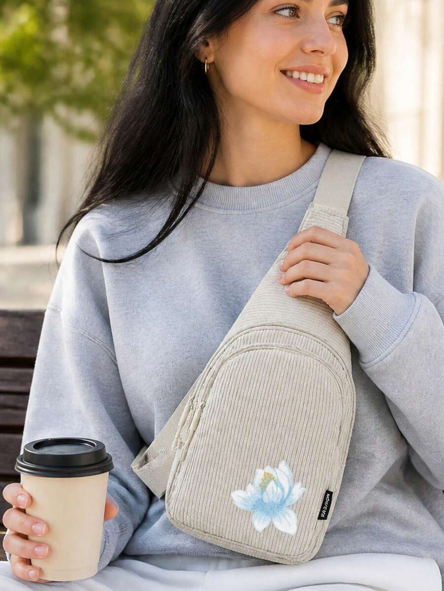 Embroidered Lotus Pattern Crossbody Bag, Unique Printed Corduroy Crossbody Bag, Adjustable Shoulder Strap, Perfect For School, Travel And Leisure - Multicolor - View 1