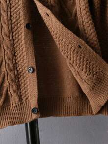 Boys' College Style Solid Khaki Cable Knit Cardigan Sweater With Turn-Down Collar And Raglan Sleeves, Suitable For School Daily Casual Wear In Spring, Autumn And Winter - Brown - View 7