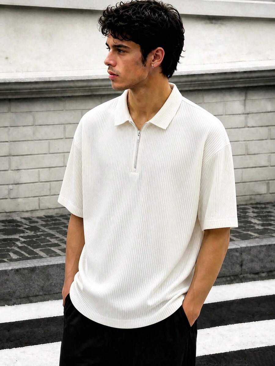 Zrgoth Men's Casual Versatile Knitted Textured Striped Polo Shirt Short Sleeve T-Shirt, Spring/Summer - White - View 1