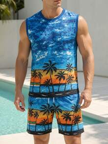 Men's Summer Printed Sleeveless Tank Top And Shorts Set, Suitable For Vacation Style - Multicolor - View 3