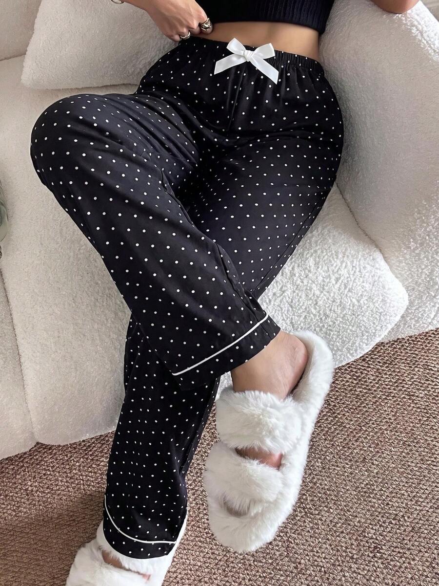 1pc Women's Comfortable Mini Polka Dot Bow Long Pajama Pants, Soft Polyester Opaque - Black - View 1