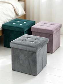 Velvet Folding Storage Ottoman Bench, Foldable Storage Footstool Cube, Button Tufted Footstool Seat Box, Multifunctional Collapsible Storage Chest For Living Room Bedroom Entryway, Space‑Saving Foot Rest Stool With Large Storage Capacity - Dark Green - View 5