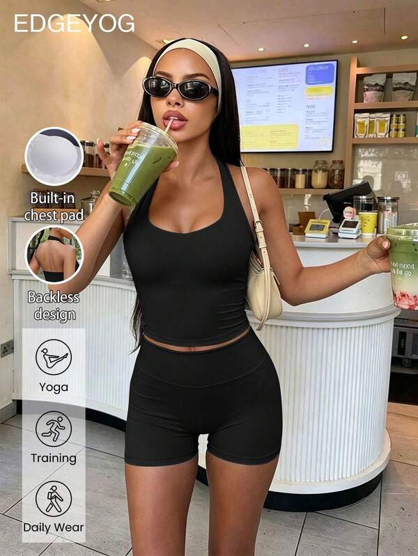 EDGEYOG Women's Summer/Autumn Solid Color Casual Slim Fit Sexy Camisole Tank Top With Built-In Bra Pads And High Waist Shorts 2 Pieces Set, Suitable For Fitness, Yoga, Sports, Running, Pilates, Cycling, Jogging