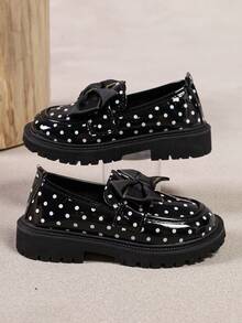 1 Pair Kids Polka Dot Bow Thick Sole Slip-On Shoes, Fashionable Retro Loafers, Suitable For Daily Wear And Party Occasions - Black - View 6