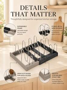 1 Set Expandable Pot And Pan Organizer With 7 Adjustable Dividers, Rustproof Stainless Steel Cookware Rack With Non-Slip Silicone Pads For Pot Lids, Frying Pans, Baking Sheets, Trays And Cutting Boards, Kitchen Cabinet And Countertop Storage - Black - View 5