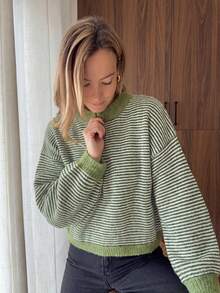 Women's Autumn/Winter Vintage Green & White Striped Round Neck Knit Sweater, Soft Fluffy Fabric, Contrast Ribbed Collar & Cuffs, Loose Drop Shoulder Fit, Lazy Vibe, Versatile For Daily Commute, Gentle & Flattering - Green - View 8