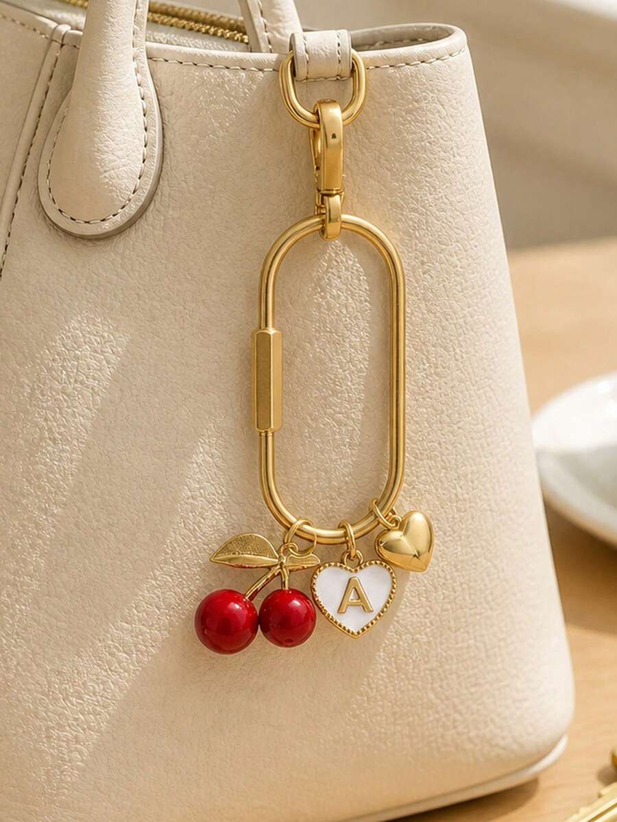 Red Cherry Letter Keychain Bag Pendant,Feature Golden Heart And White Border Letter Heart Pendant,Car Keychain,Bag Accessories,Decorative Pendant - Multicolor - View 1