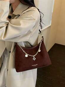 Women's Vintage Suede Texture Bohemian Shoulder Bag, Metal Chain Floral Pendant Decoration, Detachable & Adjustable Strap Crossbody Underarm Handbag - Coffee - View 4