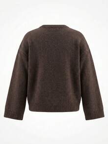 Sweater Rajut Longgar Wanita Warna Cokelat Tua Polos dengan Kerah Bulat dan Bahu Jatuh, Atasan Rajut Minimalis Warna Bumi, Cocok untuk Jalan-jalan di Kampus dan Makan Malam Thanksgiving - Coffee Brown - View 5