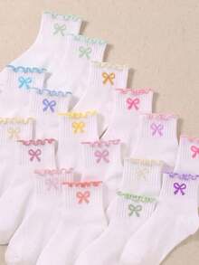 5/10/20 Pairs Random White Girls Butterfly Embroidery Bow Ruffle Socks, Back To School Season Big Girls Autumn Socks, Daily Wear, Halloween, Christmas - Multicolor - View 3