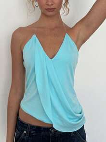 Women's Halter Neck Drape Front Cami Top, Short Polyester Medium Stretch Aqua Blue Tank, Gorgeous Summer Clothes - Blue - View 5