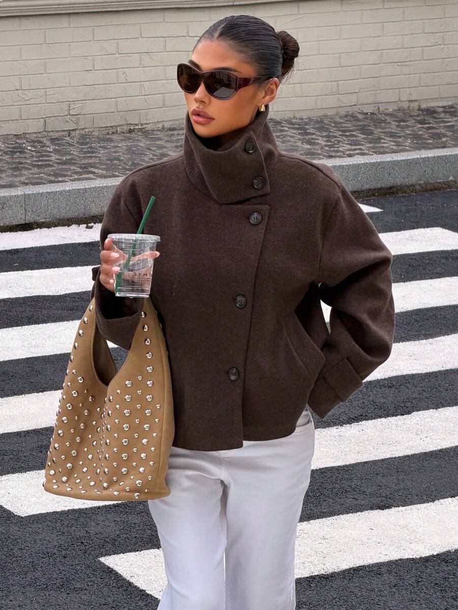 Women's Autumn/Winter New European & American Style Fashion Minimalist Versatile Stand Collar Stand Collar Wool Short Jacket Brown - Brown - View 1