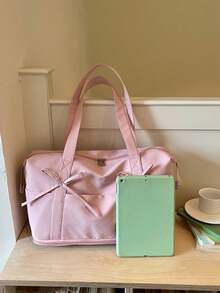 Travel Luggage Bag With Bow Embroidery And Embossed Logo Decor, Layered Storage For Clothes And Personal Items, Zipper Closure, Minimalist Soft Style Handheld Travel Bag, Suitable For Short Trips, Business Travel, Fitness, And Outings, Large Capacity Lightweight Shoulder Crossbody Bag - Pink - View 3