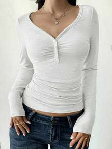 NOIRLYN Top femme Y2K automne décontracté sexy blocs de couleurs coupe slim manches longues col V, adapté pour le port quotidien et les trajets - Fleur blanche grise - Voir 10
