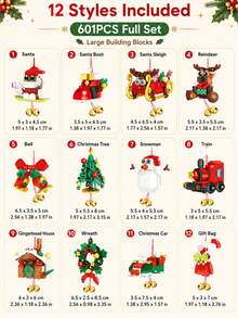 601PCS Christmas Hanging Ornaments Large Building Blocks Set, 12 Styles Included, Santa Reindeer Snowman Train Wreath Tree Decorations, Hang Or Display Holiday Home Decor, Sold As One Set - Multicolor - View 3