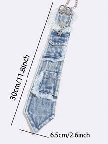 1PC Washed Distressed Denim Frayed Pocket Star Chain Decor Tie, Street Y2K Subculture Outfit Accessory - Multicolor - View 5