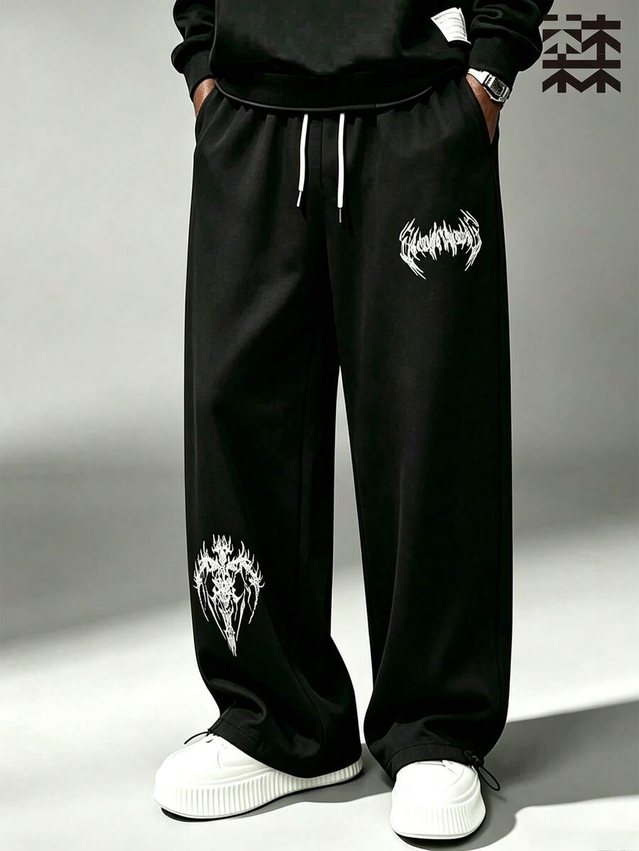 Mulinsen Men's Gothic Print Drawstring Wide Leg Pants, Casual Loose Streetwear Joggers With Pockets - Black - View 1