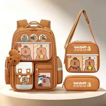 3pcs Men's Backpack Handbag Portable Small Bag Combo Set, With Exquisite Pendant, College Style Backpack, Large Capacity Multi-Compartment Design, Adjustable Shoulder Straps, Suitable For Campus, Holiday Gifts, Daily Commute. - Khaki - View 1