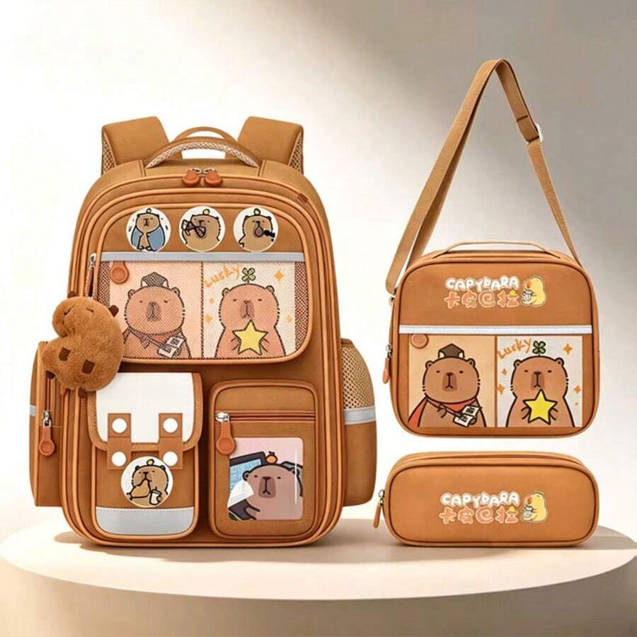 3pcs Men's Backpack Handbag Portable Small Bag Combo Set, With Exquisite Pendant, College Style Backpack, Large Capacity Multi-Compartment Design, Adjustable Shoulder Straps, Suitable For Campus, Holiday Gifts, Daily Commute. - Khaki - View 1