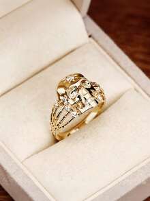 1Pc Halloween Men's Skull‑Shaped Cubic Zirconia Openwork Ring, Cool Ornament For Daily Wear Holiday Party, No Box. - Gold - View 5