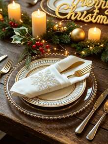 ABEST6522 Home&Living store 1pc 100% Polyester Embroidered Elegant Napkin, Suitable For Cafe, Restaurant, Party, Date, Wedding And Other Home Decor Occasions, Square Napkin - White Gold - View 10