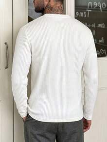 Men Autumn Winter Minimalist Ribbed Knit Top, Long Sleeve Crew Neck Slim Fit Pullover, For Daily Casual Wear - Beige - View 2