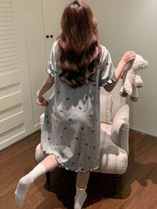 1pc Women's Nightgown, Spring/Summer Pullover Bow Print Fashion Short Sleeve Sleep Dress, Comfortable For Home Wear - Grey - View 3
