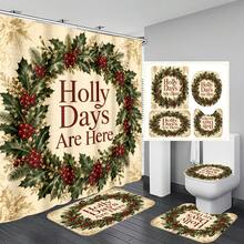 1pc/4pcs Christmas Vintage Holly Wreath Multi-Functional Bathroom Decor Shower Curtain Set, Free 12 Hooks, Premium Holiday Atmosphere, Bathroom Mat, U-Shaped Rug And Round Toilet Lid Cover, Suitable For All Christmas Scenes Decoration - Holly Wreath - View 8