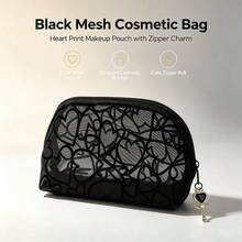 Black Mesh Multi-Purpose Storage Bag, Heart Pattern Makeup Bag With Elegant Bow Decoration, Lightweight Portable Zipper Storage Bag, Suitable For Travel, Toiletries, Small Accessories, Stationery, Makeup Brushes, Daily Practical Handheld Storage Bag Gift - Multicolor - View 6