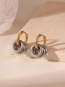 GEREIT 2pcs 18K Gold Stainless Steel Dual-Tone Heart & Flower Hoop Pendant Earrings - Multicolor 1 - View 3