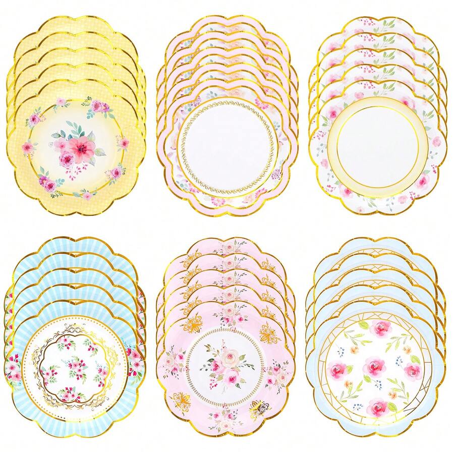 10pcs/60pcs/120pcs 7.28 Inch Floral Paper Plates, 6 Styles Gold Foil Rimmed Party Paper Plates, Pink/Blue/Yellow/White Flower Decor Paper Plates Suitable For Wedding, Bridal Shower, Birthday Tea Party, Paper Plates For Appetizers, Desserts, Snacks, Suitable For Large Gatherings - Multicolor - View 1