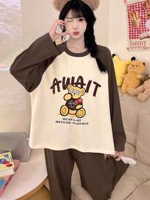 2pcs/Set Women's Pajamas Loungewear, Cute Bear Print Fashion Pullover Round Neck Long Sleeve Cropped Pants Set, Easy Care Fabric - Brown - View 8