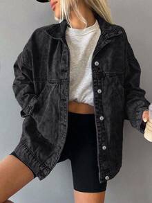 GILIPUR Women's Loose Washed Black Denim Jacket, Lapel Long Sleeve Button Front Loose Fit Streetwear Denim Coat With Pockets - Black - View 2