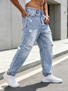 Roughcore Men's Loose Fit Distressed Washed Denim Jeans - Light Wash - View 3