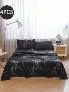 4-Piece Black Marble Pattern Bedding Set, 1 Fitted Sheet + 1 Flat Sheet + 2 Pillowcases, Mattress Protector Set (Pillow Inserts Not Included), Fits King/Queen/Full/Twin Sizes, Deep Pocket Fitted Sheet Up To 11.8 Inches - Black - View 2