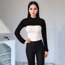 4 قطع/مجموعة أكمام متصلة بالكتف بلون موحد، قمة بدون أكمام بياقة عالية محافظة مع أكمام طويلة، ملابس خارجية كاجوال، مناسبة لجميع الفصول - متعدد الألوان - مشاهدة 3