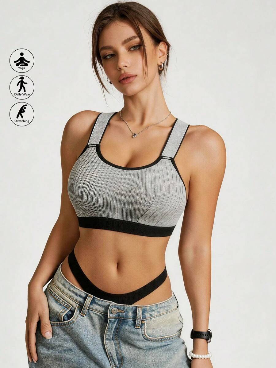 Runway Rest 1pc Women's Solid Color Comfortable Racerback Sports Bra - Grey - View 1
