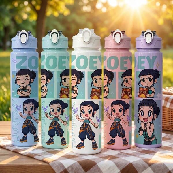 KPop Demon Hunters 5pcs 5 Colors K-POP Girl Group Style Anti-Spill Flip Top Sports Water Bottle, Portable Fashion Design, 800ml-27oz Travel Cup, With Strap, Straw And Lid, Cute Design, High Quality, Leak-Proof, Shock-Proof, Durable Outdoor Sports Water Cup, Large Capacity Portable Cup, Suitable For Short Trips, Hiking, Picnic, Running, Fitness, Mother's Day, Halloween, Christmas, Thanksgiving, Father's Day, Valentine's Day, Students, Family, Boyfriend/Girlfriend, Birthday, Graduation Gift, Suitable For Men And Women, Also A Great Surprise Gift For Fans.