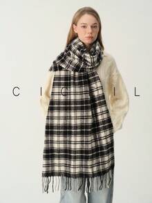 1pc Women's Vintage Fashionable Dual-Color Plaid Casual Versatile Polyester Scarf, Warm For Autumn/Winter Daily Wear - Khaki - View 5
